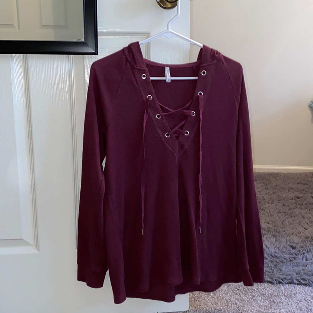 hooded, corset front, long sleeve shirt
